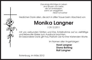 Traueranzeige von Monika Langner von KREISZEITUNG SYKE