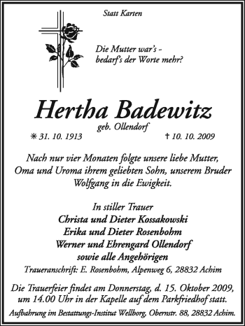 Traueranzeige von Herta Badewitz von KREISZEITUNG SYKE