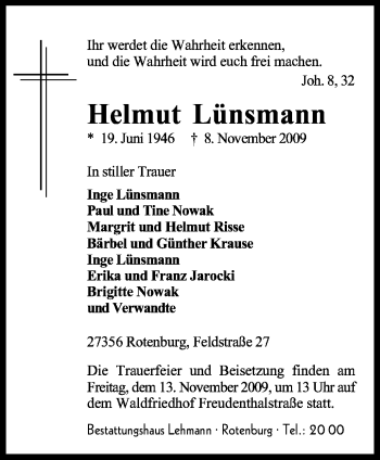 Traueranzeige von Helmut Lünsmann von KREISZEITUNG SYKE