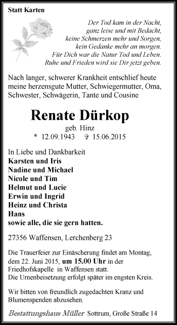 Traueranzeige von Renate Dürkop von KRZ