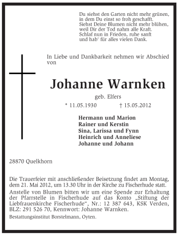 Traueranzeige von Johanne Warnken von KREISZEITUNG SYKE