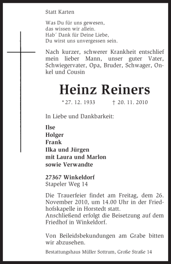 Traueranzeige von Heinz Reiners von KREISZEITUNG SYKE