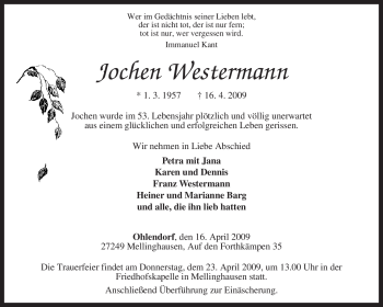 Traueranzeige von Jochen Westermann von KREISZEITUNG SYKE