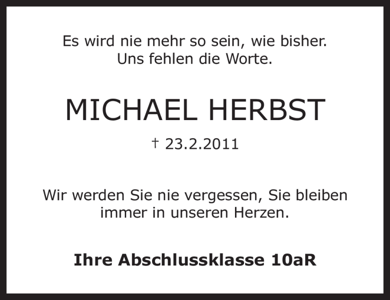  Traueranzeige für Michael Herbst vom 26.02.2011 aus KREISZEITUNG SYKE