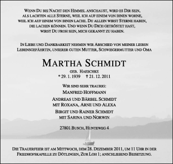 Traueranzeige von Martha Schmidt von KREISZEITUNG SYKE