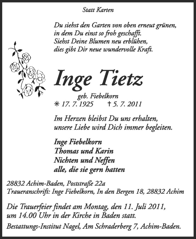  Traueranzeige für Inge Tietz vom 08.07.2011 aus KREISZEITUNG SYKE
