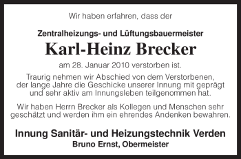 Traueranzeige von Karl-Heinz Brecker von KREISZEITUNG SYKE