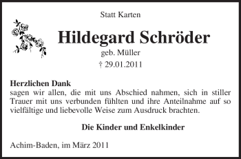 Traueranzeige von Hildegard Schröder von KREISZEITUNG SYKE