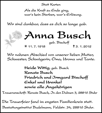 Traueranzeige von Anna Busch von KREISZEITUNG SYKE