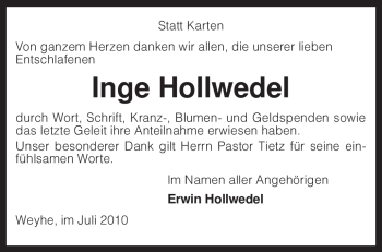 Traueranzeige von Inge Hollwedel von KREISZEITUNG SYKE