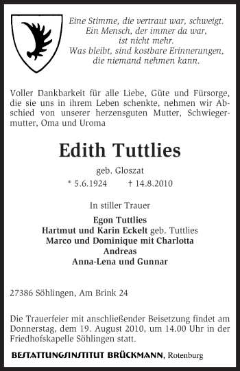 Traueranzeige von Edith Tuttlies von KREISZEITUNG SYKE