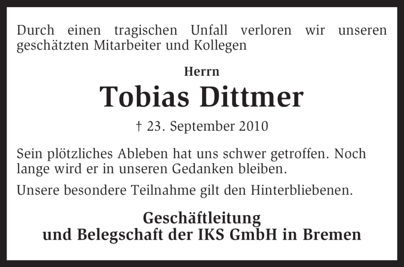  Traueranzeige für Tobias Dittmer vom 29.09.2010 aus KREISZEITUNG SYKE