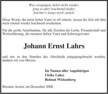 Traueranzeige von Johann Ernst Lahrs von KREISZEITUNG SYKE