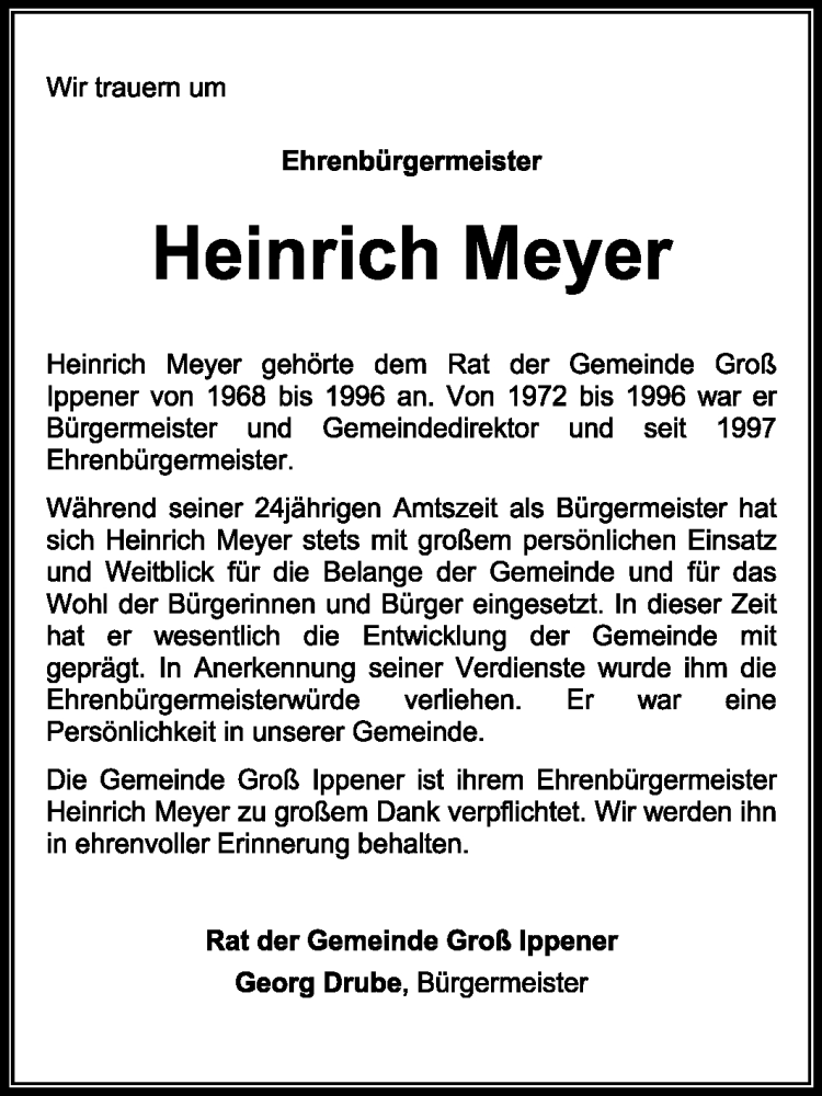  Traueranzeige für Heinrich Meyer vom 10.03.2010 aus KREISZEITUNG SYKE