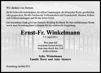 Traueranzeige von Ernst-Fr. Winkelmann von KREISZEITUNG SYKE