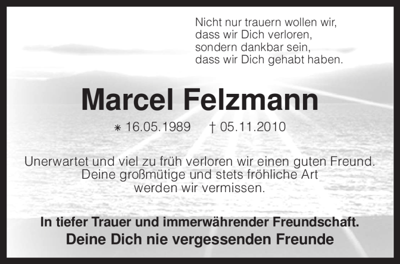  Traueranzeige für Marcel Felzmann vom 11.11.2010 aus KREISZEITUNG SYKE