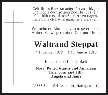 Traueranzeige von Waltraud Steppat von KREISZEITUNG SYKE