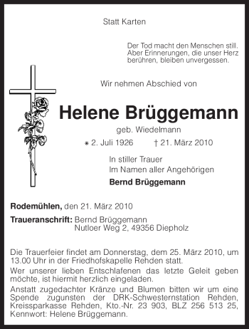 Traueranzeige von Helene Brüggemann von KREISZEITUNG SYKE