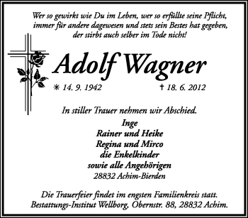 Traueranzeige von Adolf Wagner von KREISZEITUNG SYKE