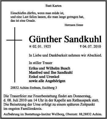 Traueranzeige von Günther Sandkuhl von KREISZEITUNG SYKE