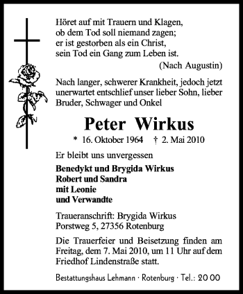 Traueranzeige von Peter Wirkus von KREISZEITUNG SYKE
