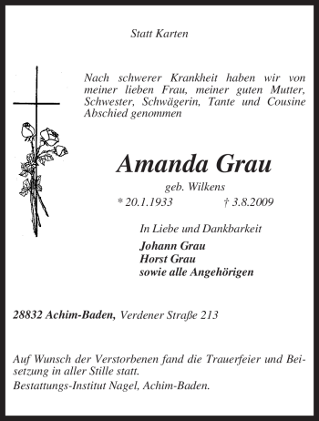 Traueranzeige von Amanda Grau von KREISZEITUNG SYKE