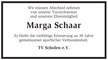 Traueranzeige von Marga Schaar von KREISZEITUNG SYKE