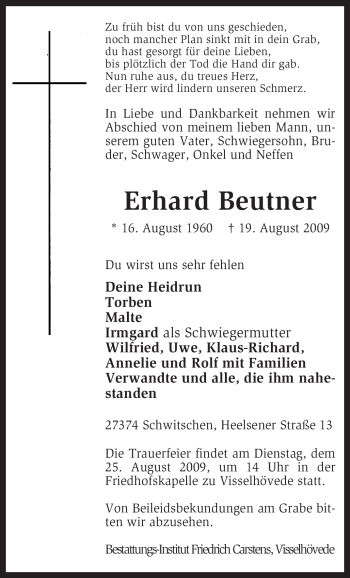 Traueranzeige von Erhard Beutner von KREISZEITUNG SYKE