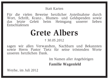 Traueranzeige von Grete Albers von KREISZEITUNG SYKE