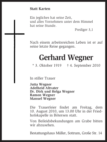 Traueranzeige von Gerhard Wegner von KREISZEITUNG SYKE