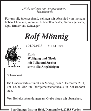 Traueranzeige von Rolf Mönnig von KREISZEITUNG SYKE