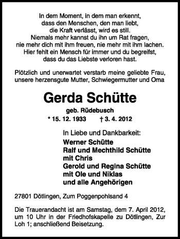 Traueranzeige von Gerda Schütte von KREISZEITUNG SYKE