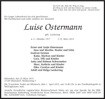 Traueranzeige von Luise Ostermann von KRZ