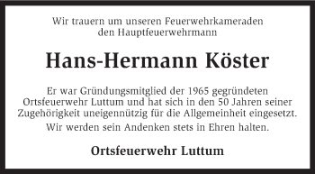 Traueranzeige von Hans-Hermann Köster von KRZ