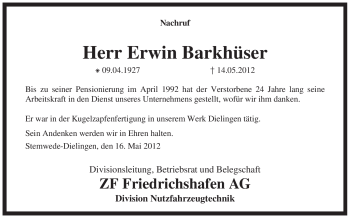 Traueranzeige von Erwin Barkhüser von KREISZEITUNG SYKE