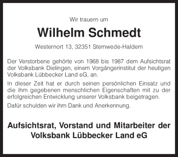 Traueranzeige von Wilhelm Schmedt von KREISZEITUNG SYKE