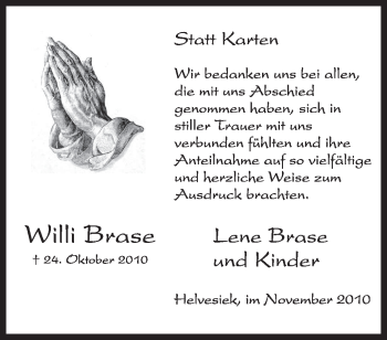 Traueranzeige von Willy Brase von KREISZEITUNG SYKE