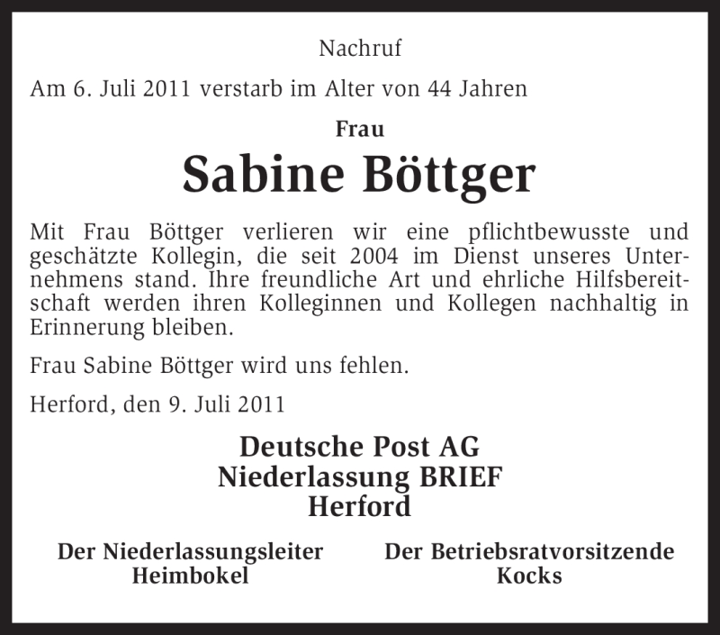  Traueranzeige für Sabine Böttger vom 09.07.2011 aus KREISZEITUNG SYKE