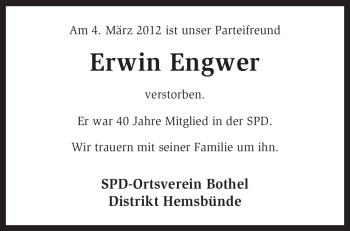 Traueranzeige von Erwin Engwer von KREISZEITUNG SYKE