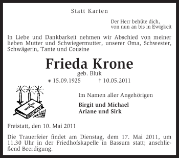 Traueranzeige von Frieda Krone von KREISZEITUNG SYKE