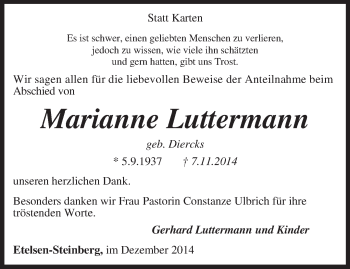 Traueranzeige von Marianne Luttermann von KRZ