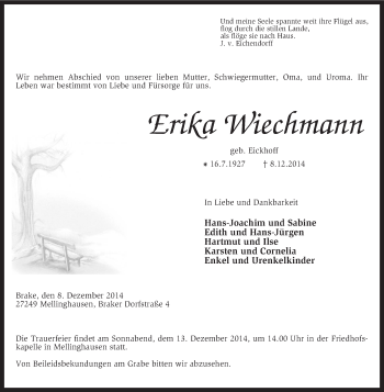 Traueranzeige von Erika Wiechmann von KRZ