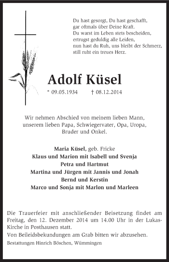 Traueranzeige von Adolf Küsel von KRZ