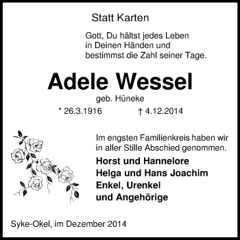 Traueranzeige von Adele Wessel von KRZ