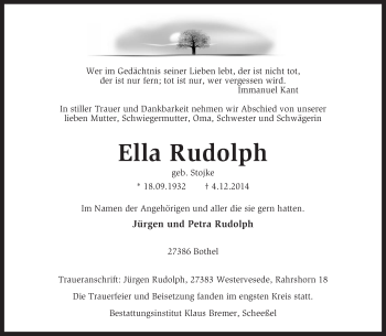 Traueranzeige von Ella Rudolph von KRZ