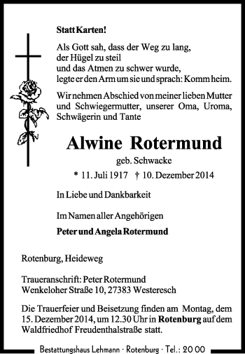 Traueranzeige von Alwine Rotermund von KRZ