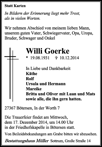 Traueranzeige von Willi Goerke von KRZ