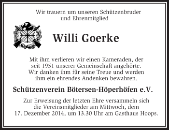 Traueranzeige von Willi Goerke von KRZ