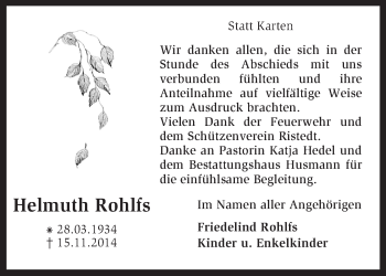 Traueranzeige von Helmuth Rohlfs von KRZ