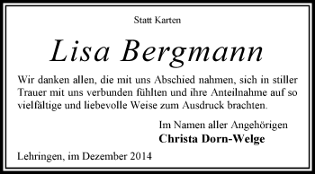 Traueranzeige von Lisa Bergmann von KRZ